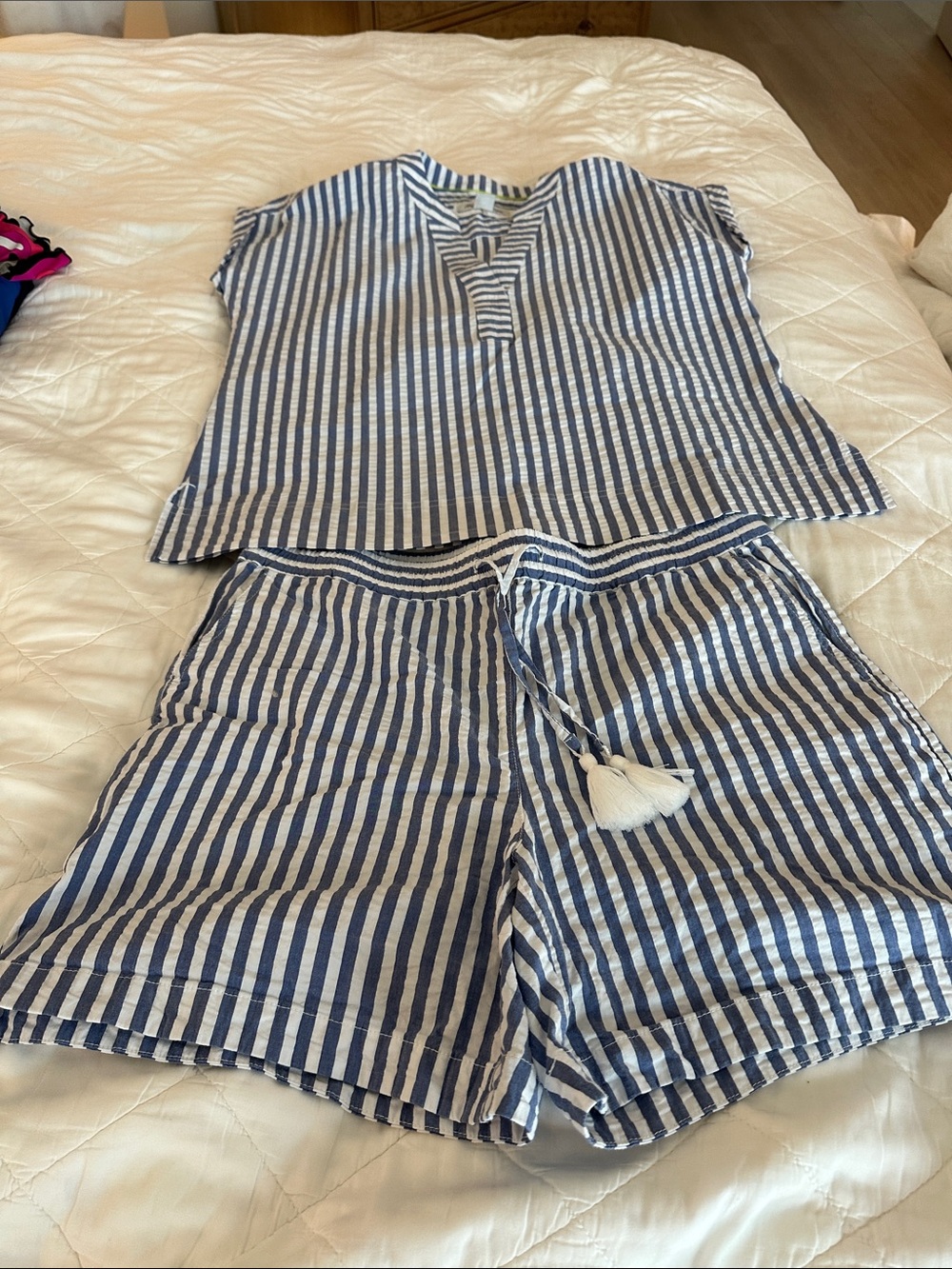 Tommy Bahama Navy and White Vertical Stripe Short Pajama Set